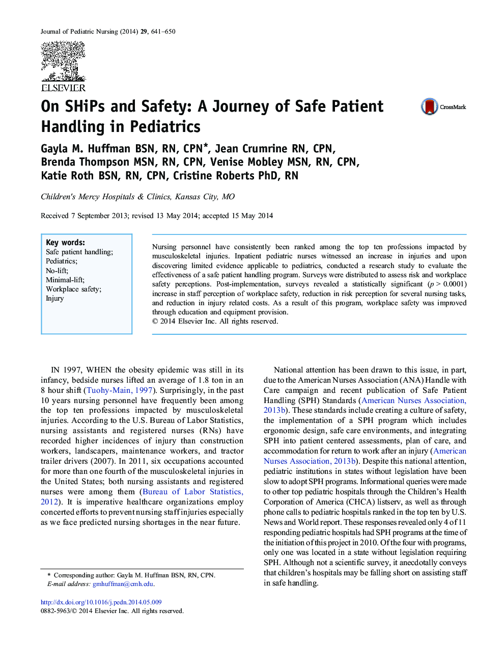 On SHiPs and Safety: A Journey of Safe Patient Handling in Pediatrics
