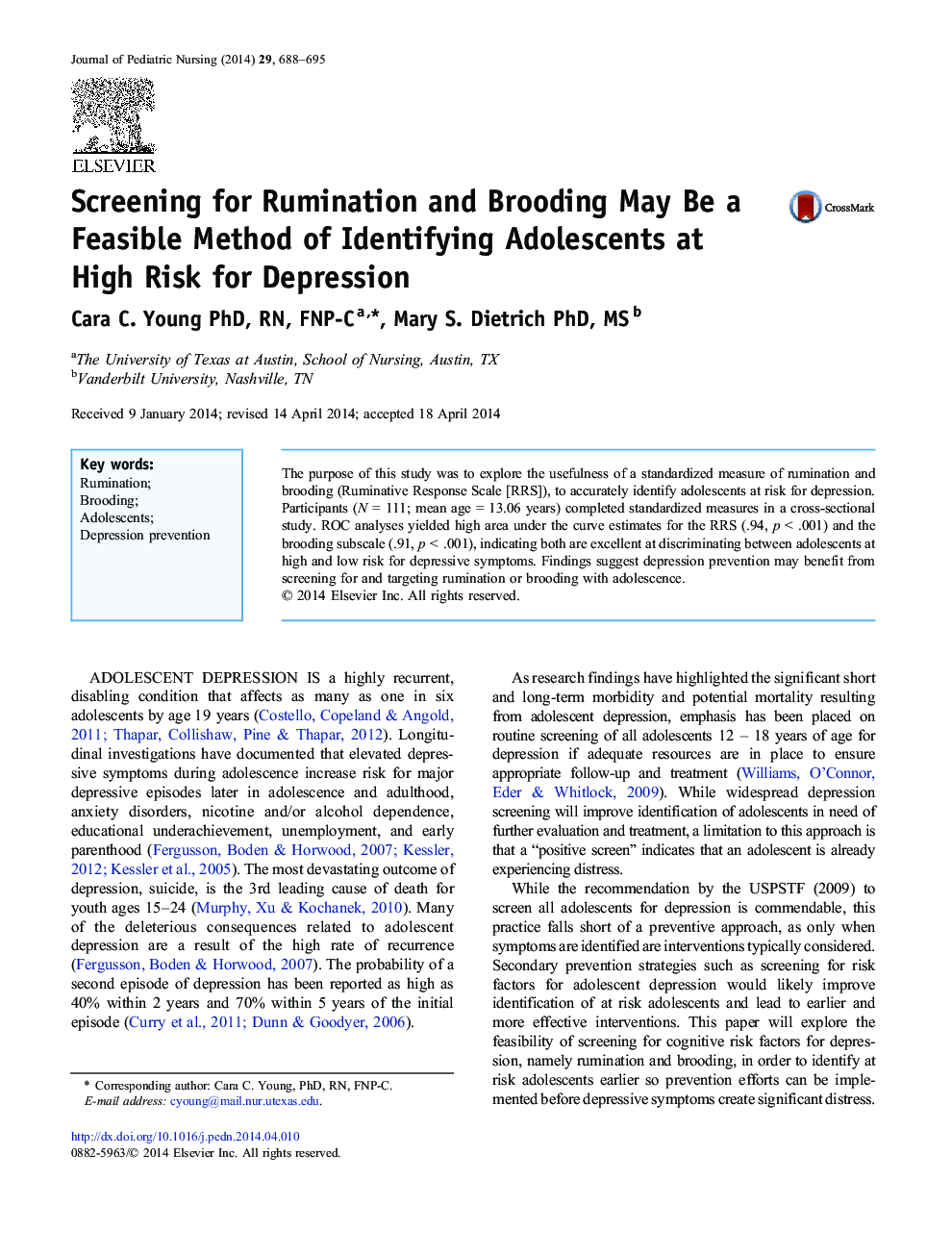 Screening for Rumination and Brooding May Be a Feasible Method of Identifying Adolescents at High Risk for Depression