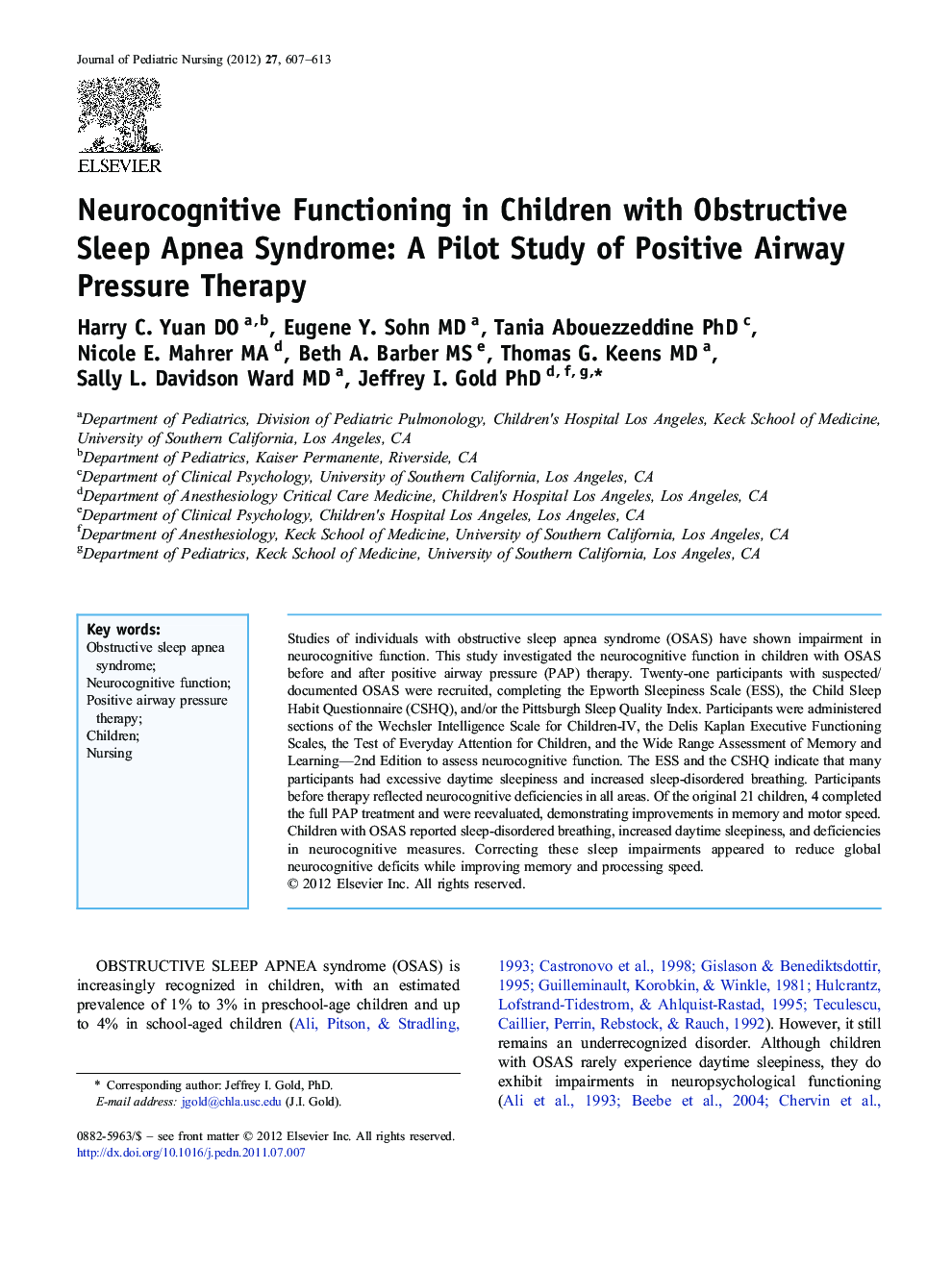 Neurocognitive Functioning in Children with Obstructive Sleep Apnea Syndrome: A Pilot Study of Positive Airway Pressure Therapy
