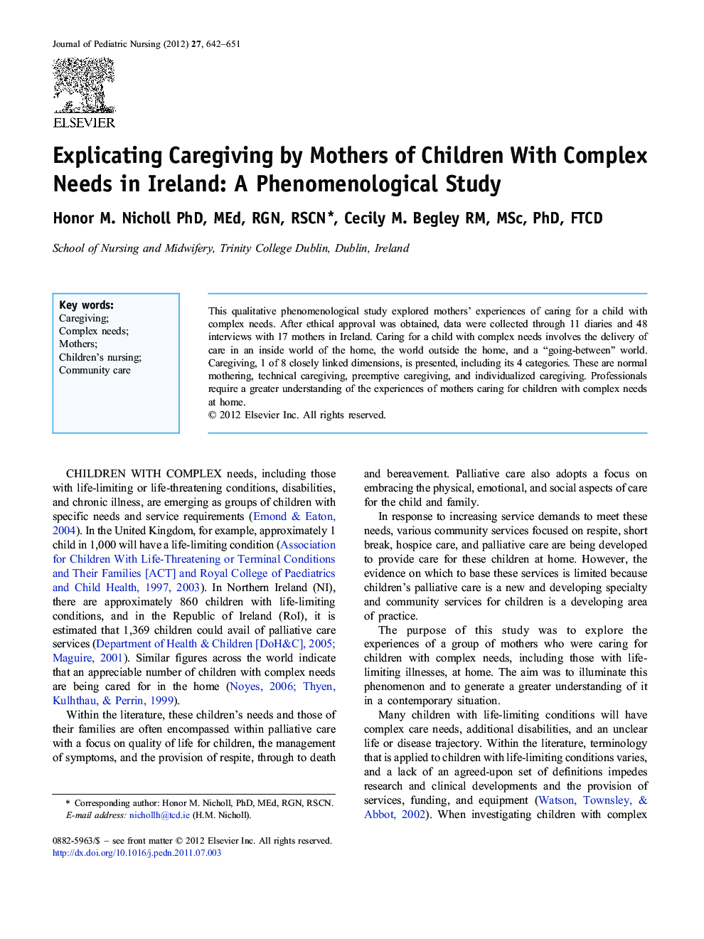 Explicating Caregiving by Mothers of Children With Complex Needs in Ireland: A Phenomenological Study