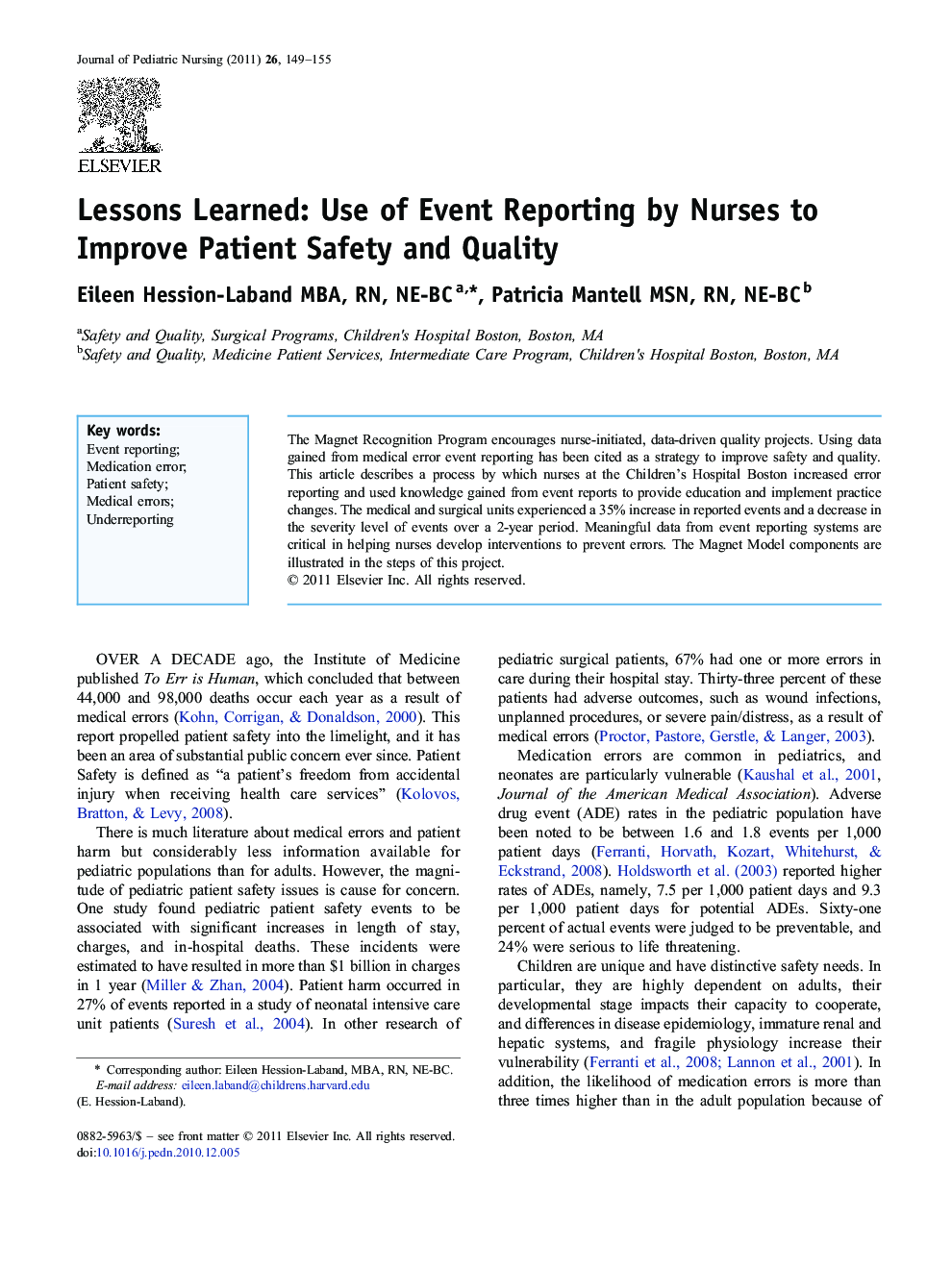 Lessons Learned: Use of Event Reporting by Nurses to Improve Patient Safety and Quality