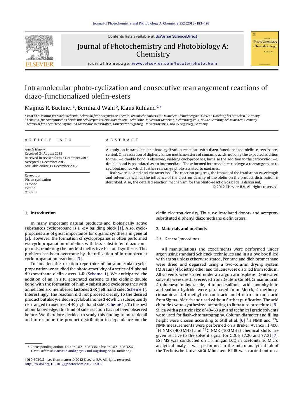 Intramolecular photo-cyclization and consecutive rearrangement reactions of diazo-functionalized olefin-esters