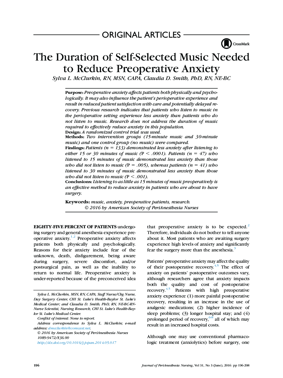 مدت زمان موزیک خودانتخابی مورد نیاز برای کاهش اضطراب قبل از عمل