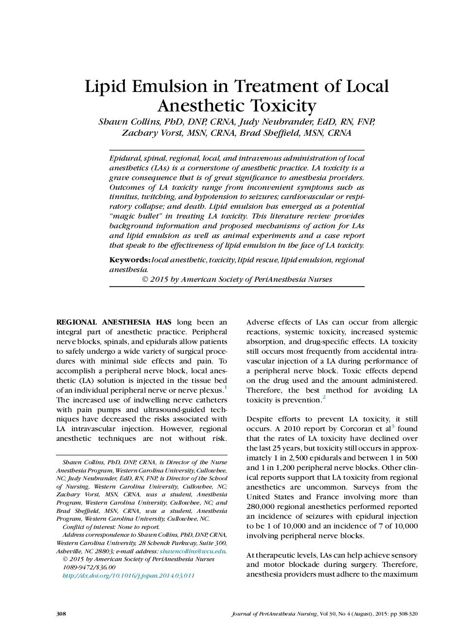 Lipid Emulsion in Treatment of Local Anesthetic Toxicity 