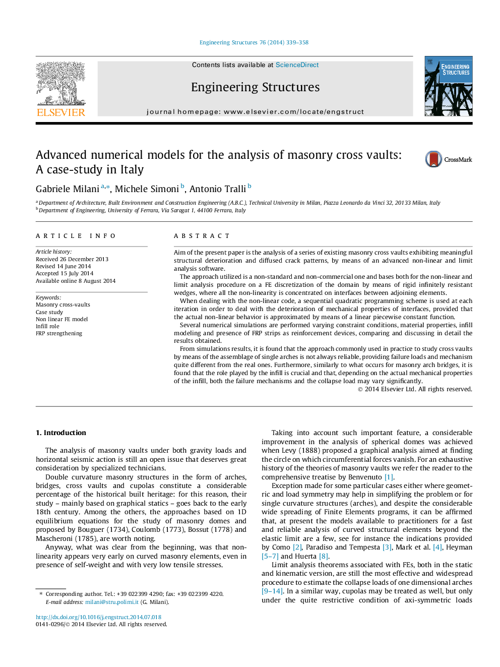 Advanced numerical models for the analysis of masonry cross vaults: A case-study in Italy