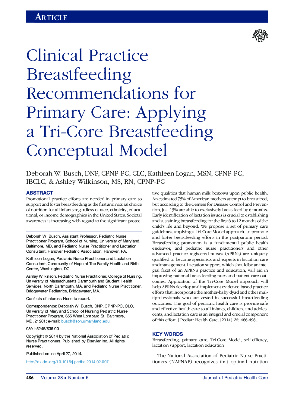 Clinical Practice Breastfeeding Recommendations for Primary Care: Applying a Tri-Core Breastfeeding Conceptual Model 