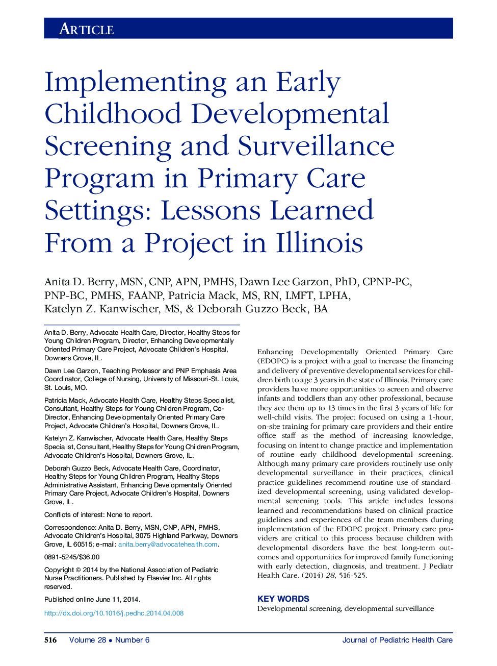 پیاده سازی برنامه غربالگری و برنامه ریزی توسعه دوران کودکی در تنظیمات اولیه مراقبت اولیه: درس هایی که از یک پروژه در ایلینوی یاد گرفتید 