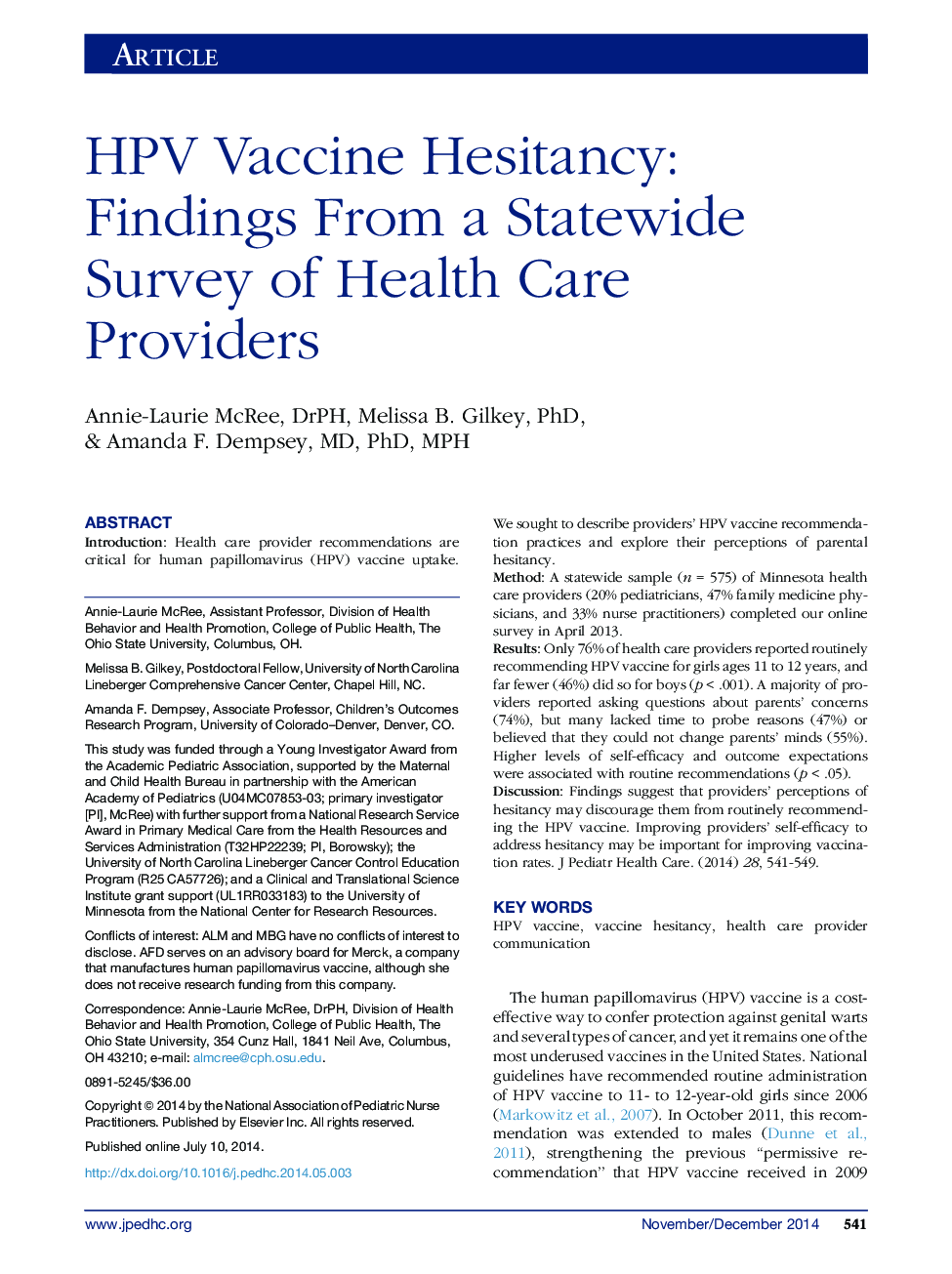 HPV Vaccine Hesitancy: Findings From a Statewide Survey of Health Care Providers 