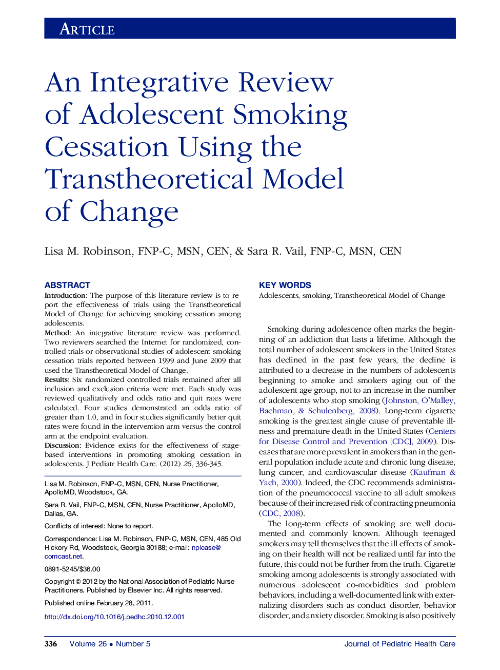 An Integrative Review of Adolescent Smoking Cessation Using the Transtheoretical Model of Change 