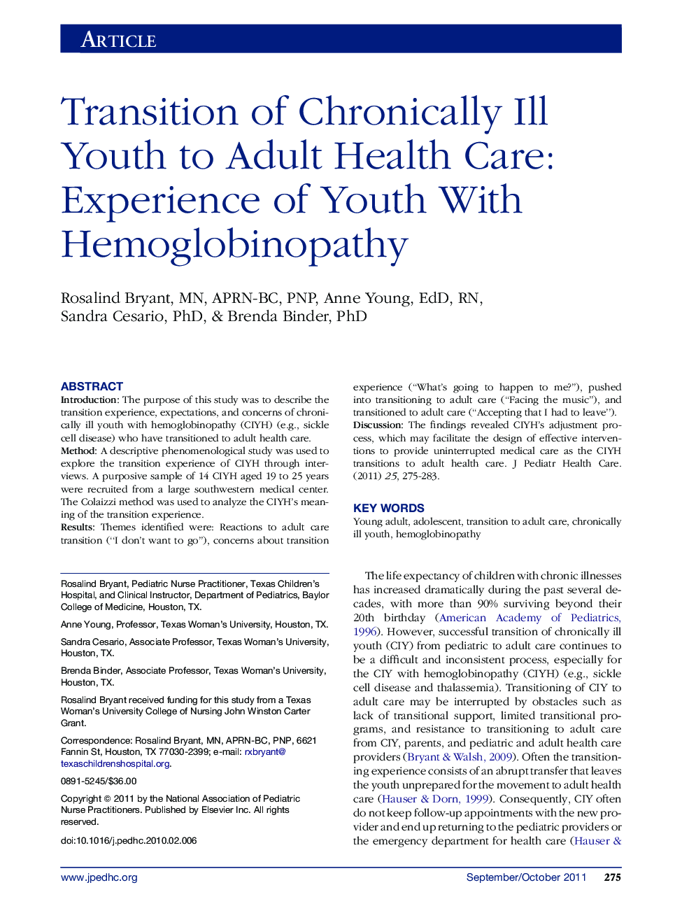 Transition of Chronically Ill Youth to Adult Health Care: Experience of Youth With Hemoglobinopathy 