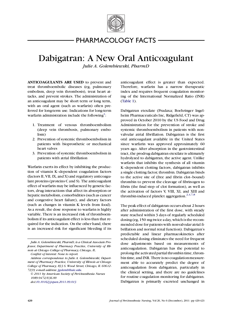 Dabigatran: A New Oral Anticoagulant