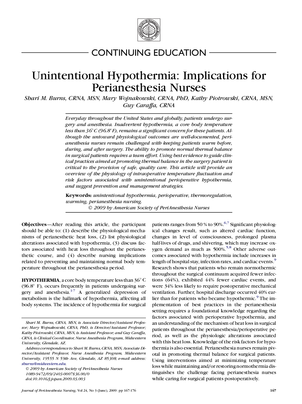 Unintentional Hypothermia: Implications for Perianesthesia Nurses