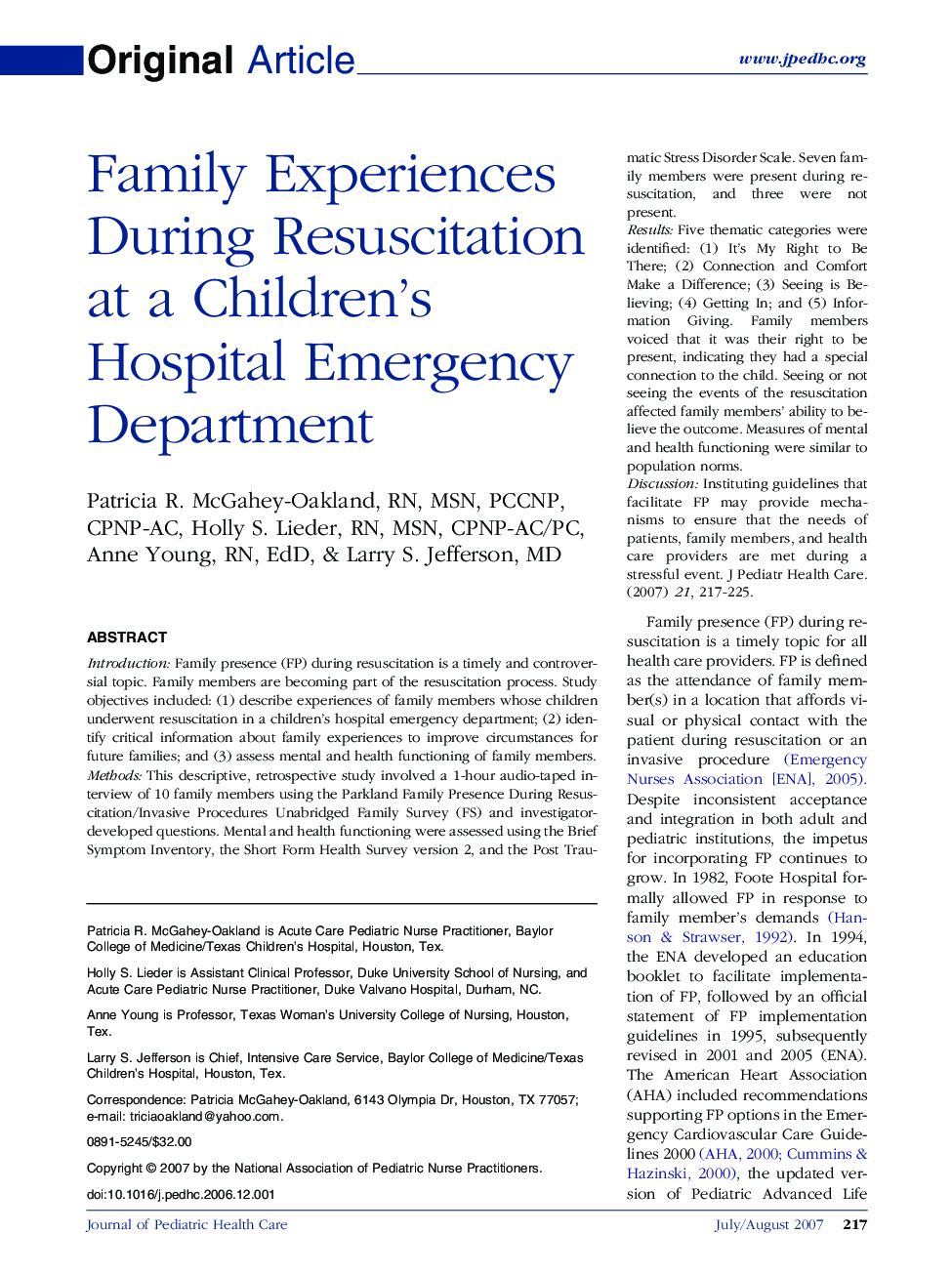 Family Experiences During Resuscitation at a Children’s Hospital Emergency Department