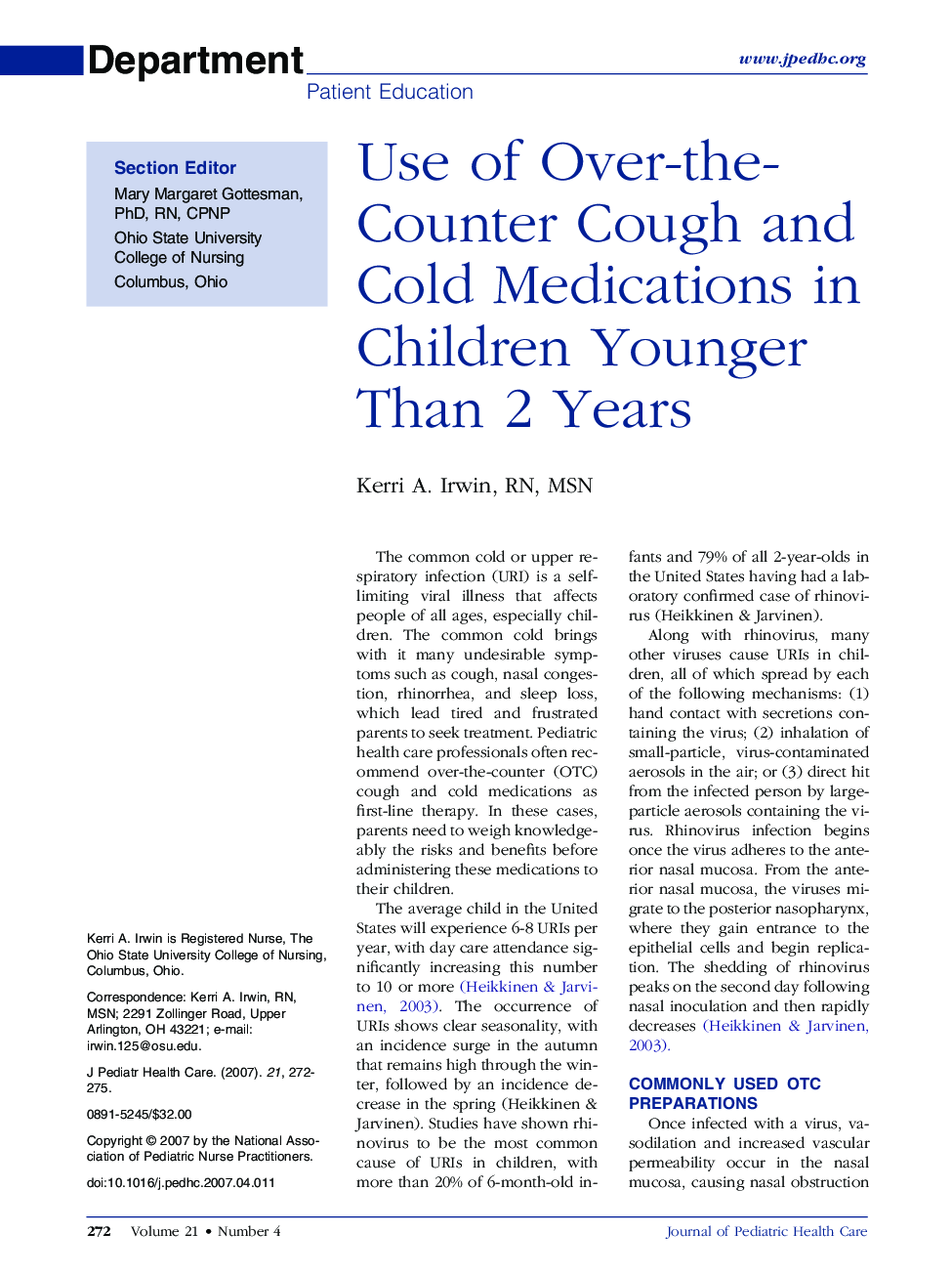 Use of Over-the-Counter Cough and Cold Medications in Children Younger Than 2 Years
