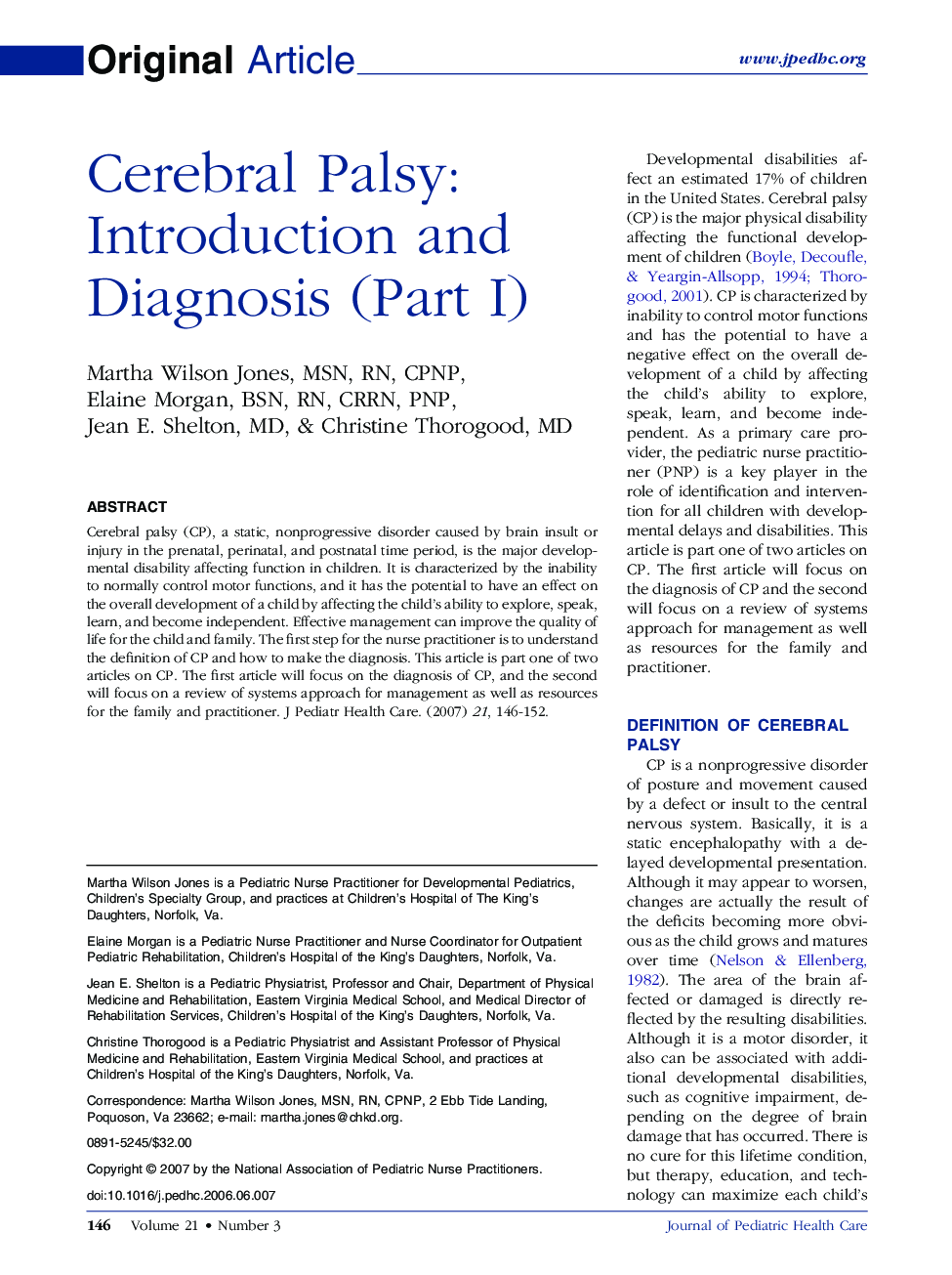 Cerebral Palsy: Introduction and Diagnosis (Part I)