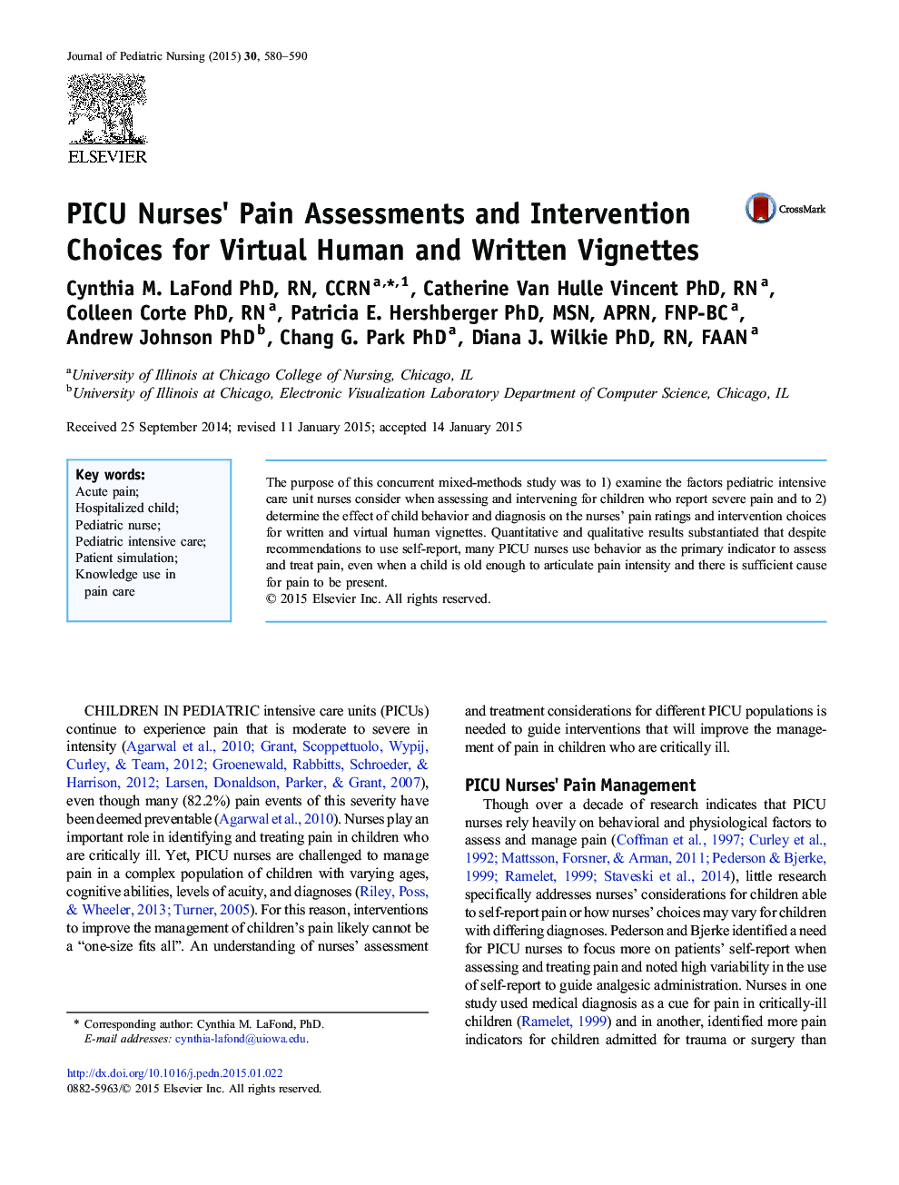 PICU Nurses' Pain Assessments and Intervention Choices for Virtual Human and Written Vignettes