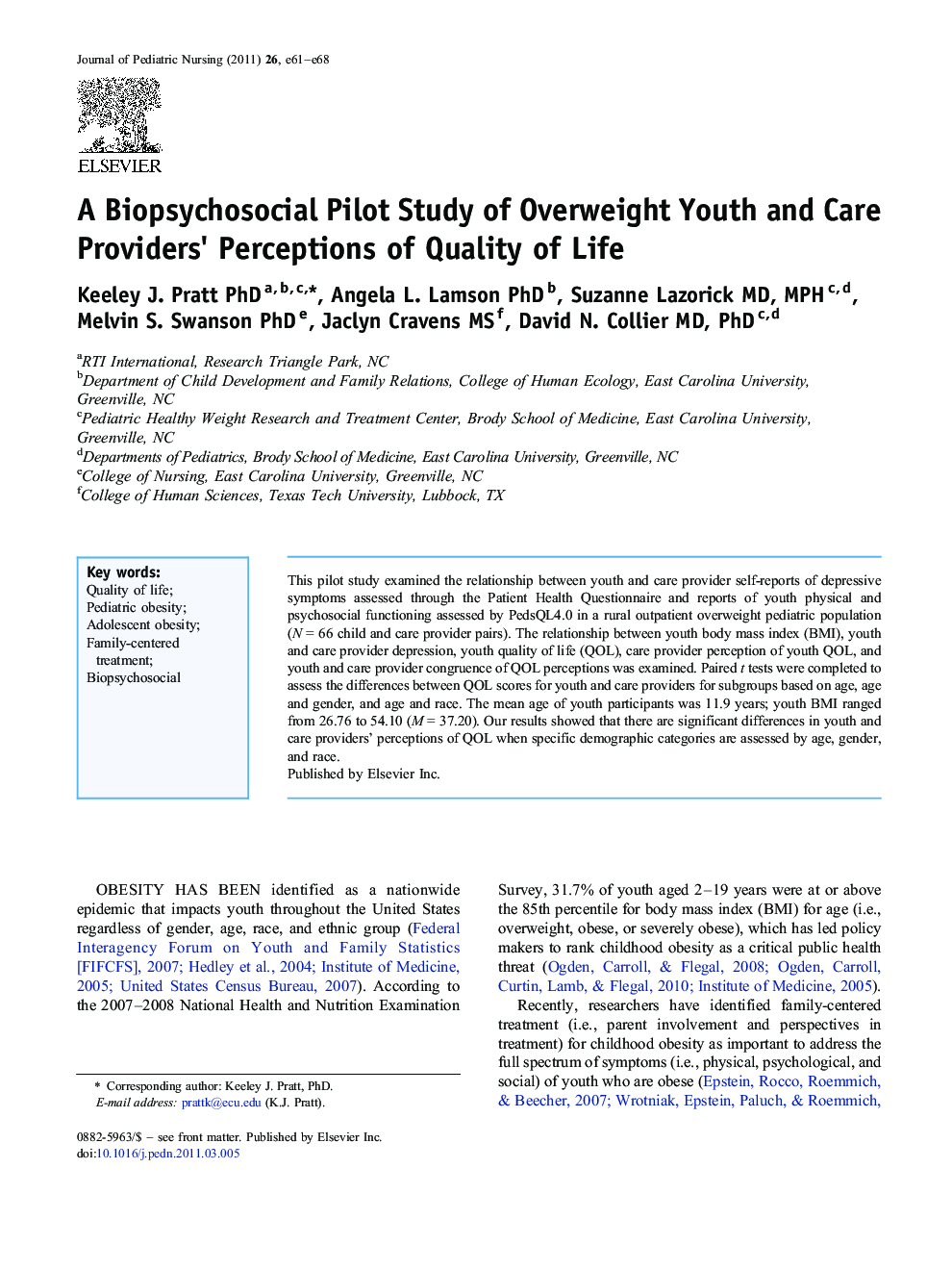 A Biopsychosocial Pilot Study of Overweight Youth and Care Providers' Perceptions of Quality of Life