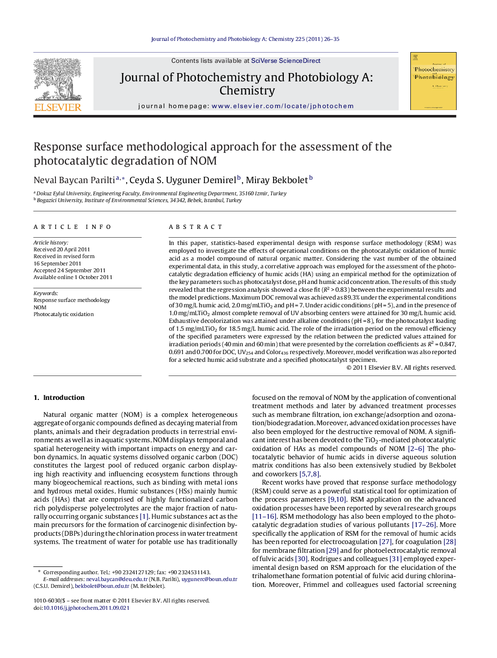 Response surface methodological approach for the assessment of the photocatalytic degradation of NOM