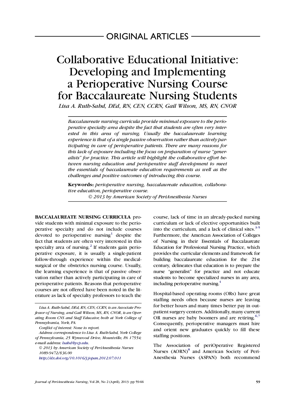 Collaborative Educational Initiative: Developing and Implementing a Perioperative Nursing Course for Baccalaureate Nursing Students 