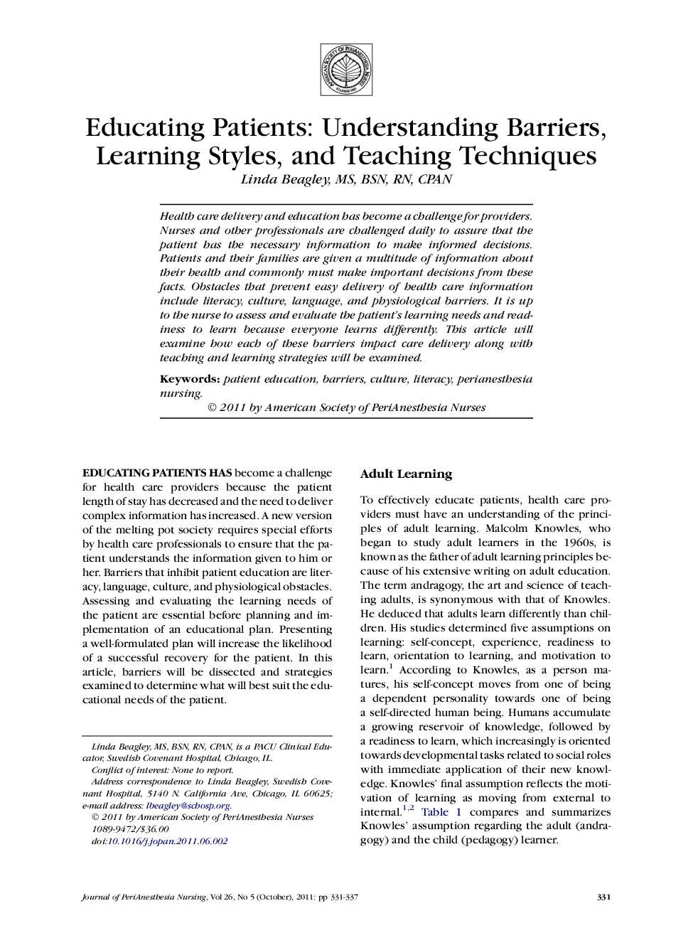 Educating Patients: Understanding Barriers, Learning Styles, and Teaching Techniques 