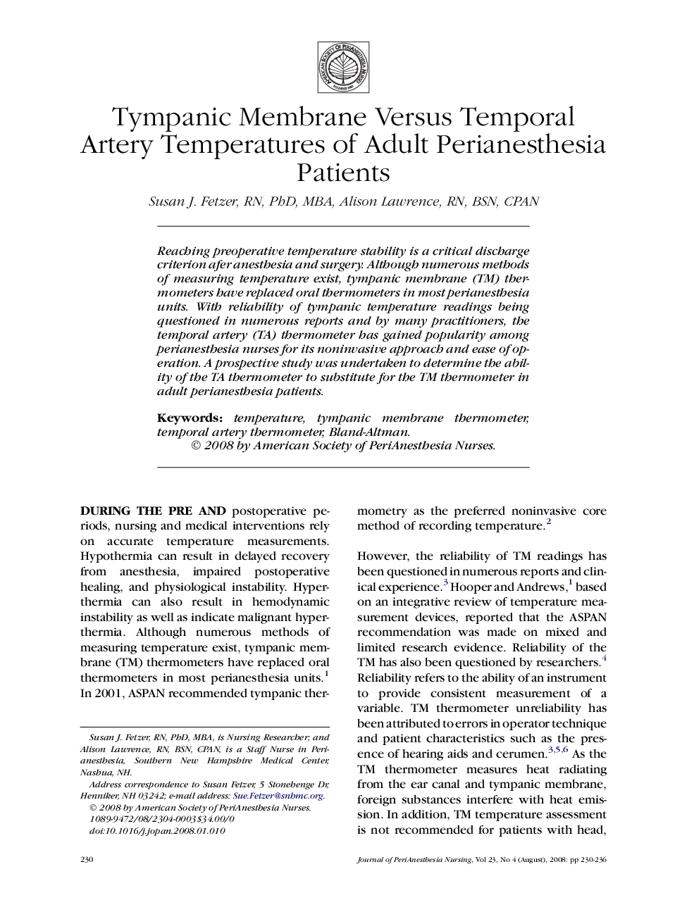 Tympanic Membrane Versus Temporal Artery Temperatures of Adult Perianesthesia Patients