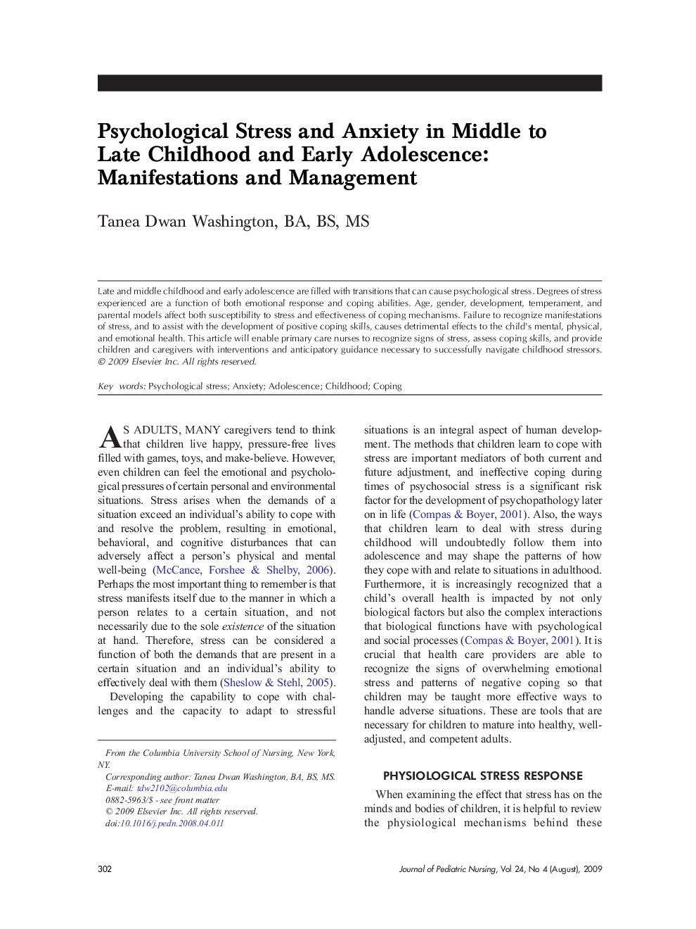 Psychological Stress and Anxiety in Middle to Late Childhood and Early Adolescence: Manifestations and Management