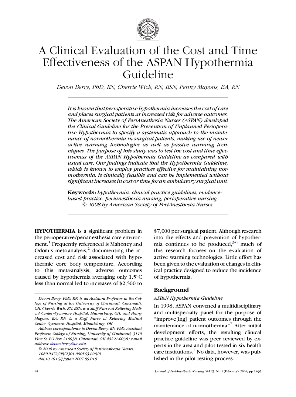 A Clinical Evaluation of the Cost and Time Effectiveness of the ASPAN Hypothermia Guideline