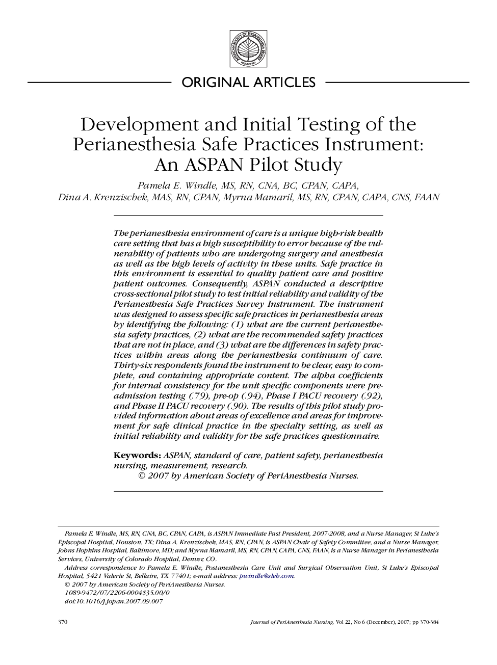 Development and Initial Testing of the Perianesthesia Safe Practices Instrument: An ASPAN Pilot Study