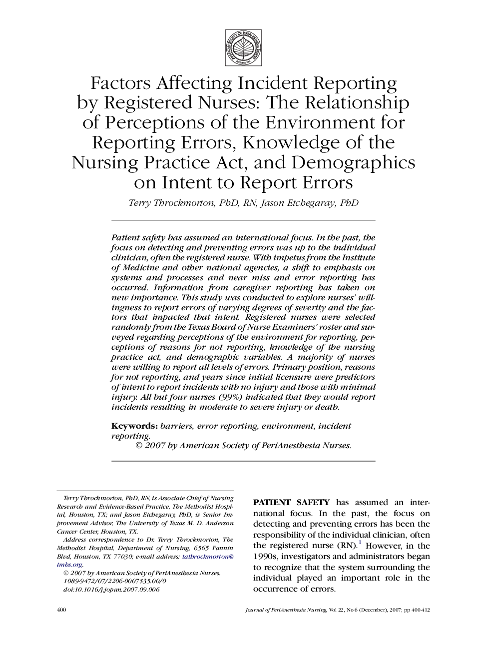 Factors Affecting Incident Reporting by Registered Nurses: The Relationship of Perceptions of the Environment for Reporting Errors, Knowledge of the Nursing Practice Act, and Demographics on Intent to Report Errors