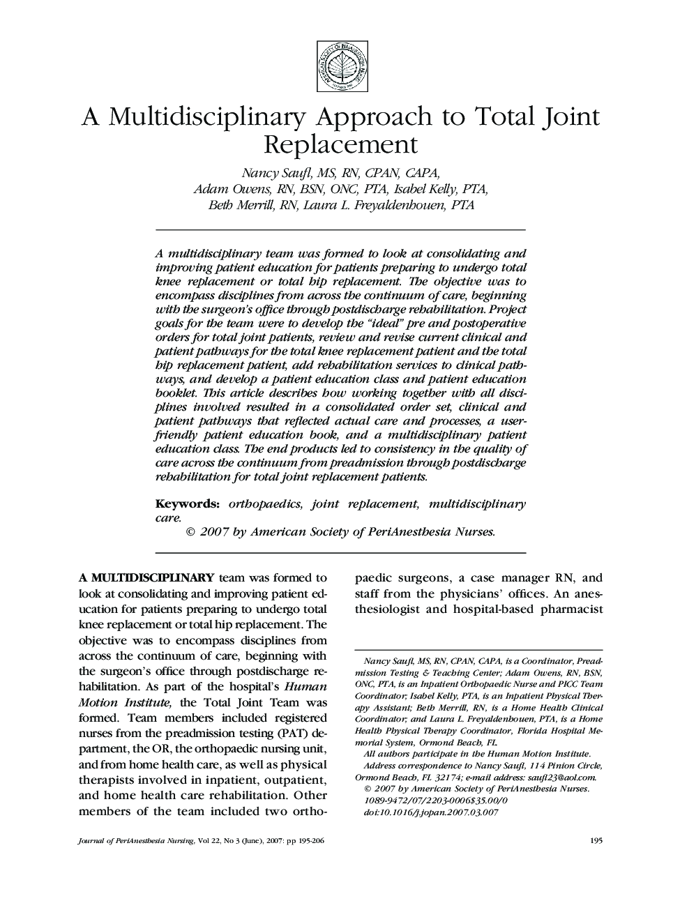 A Multidisciplinary Approach to Total Joint Replacement