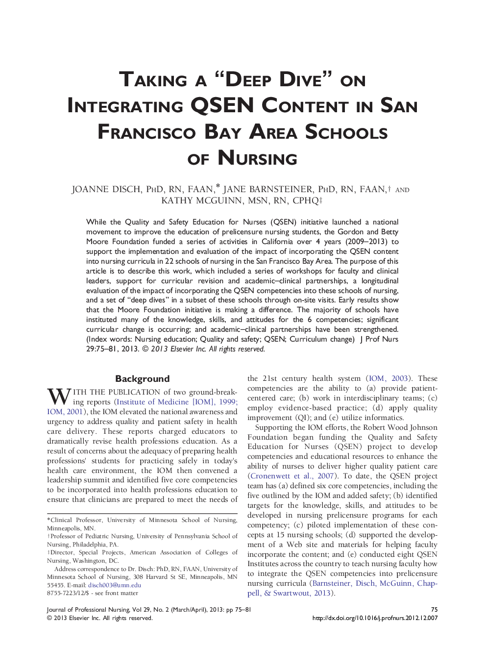 Taking a “Deep Dive” on Integrating QSEN Content in San Francisco Bay Area Schools of Nursing
