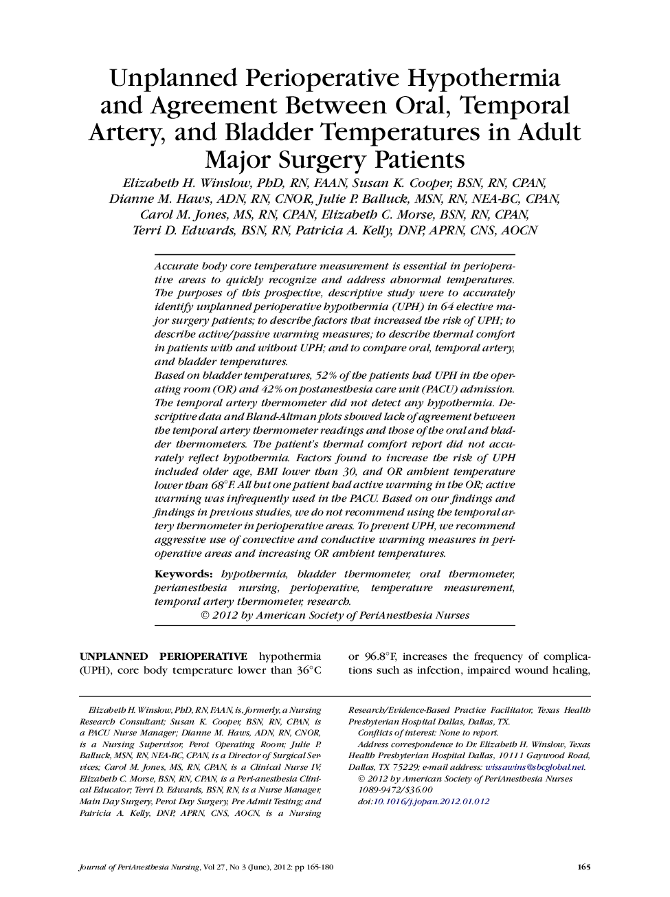 Unplanned Perioperative Hypothermia and Agreement Between Oral, Temporal Artery, and Bladder Temperatures in Adult Major Surgery Patients 