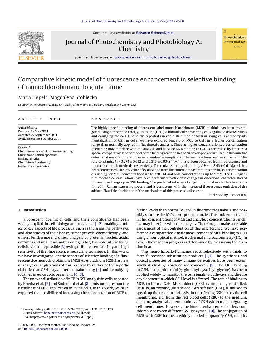 Comparative kinetic model of fluorescence enhancement in selective binding of monochlorobimane to glutathione