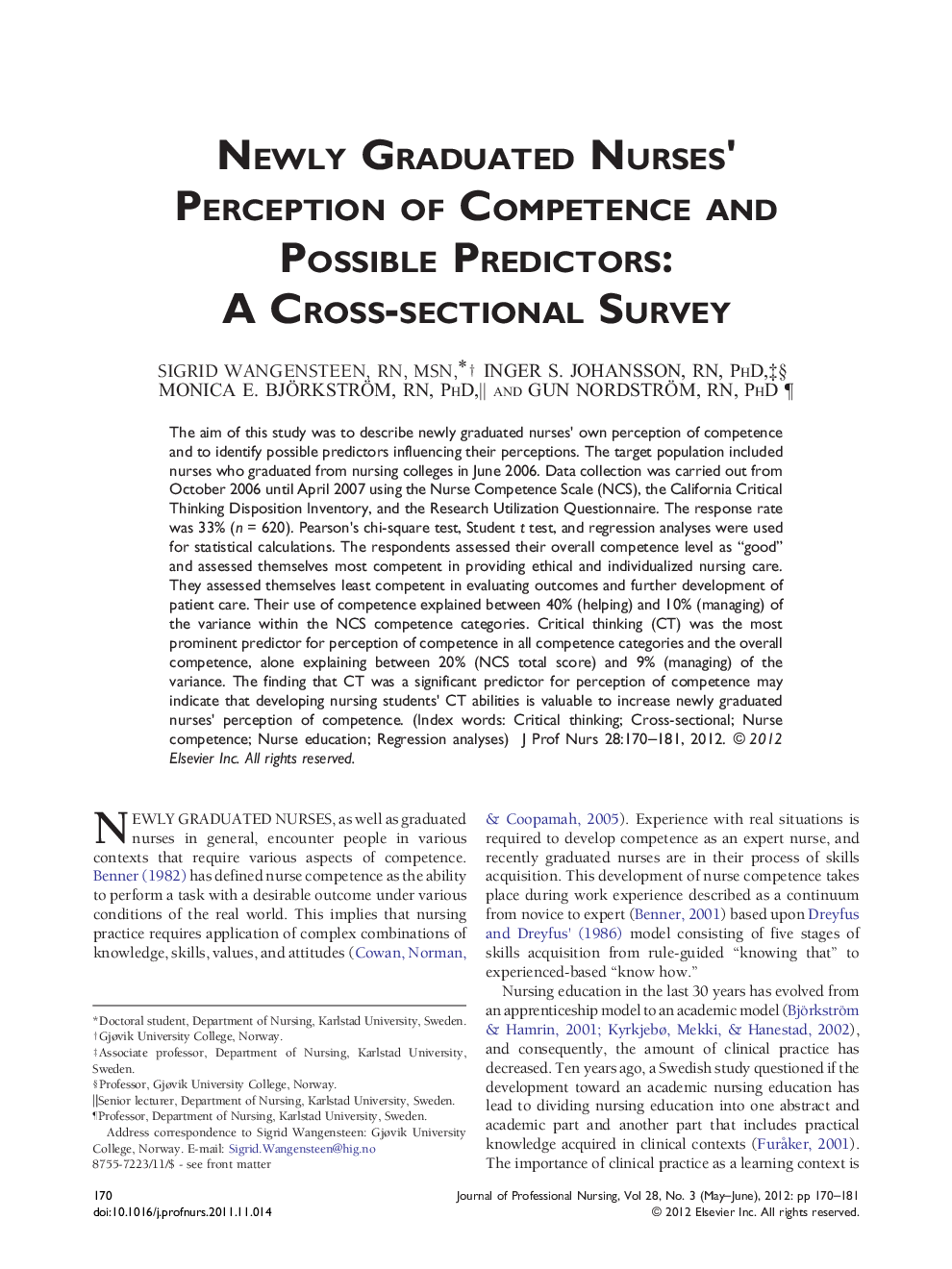 Newly Graduated Nurses' Perception of Competence and Possible Predictors: A Cross-sectional Survey