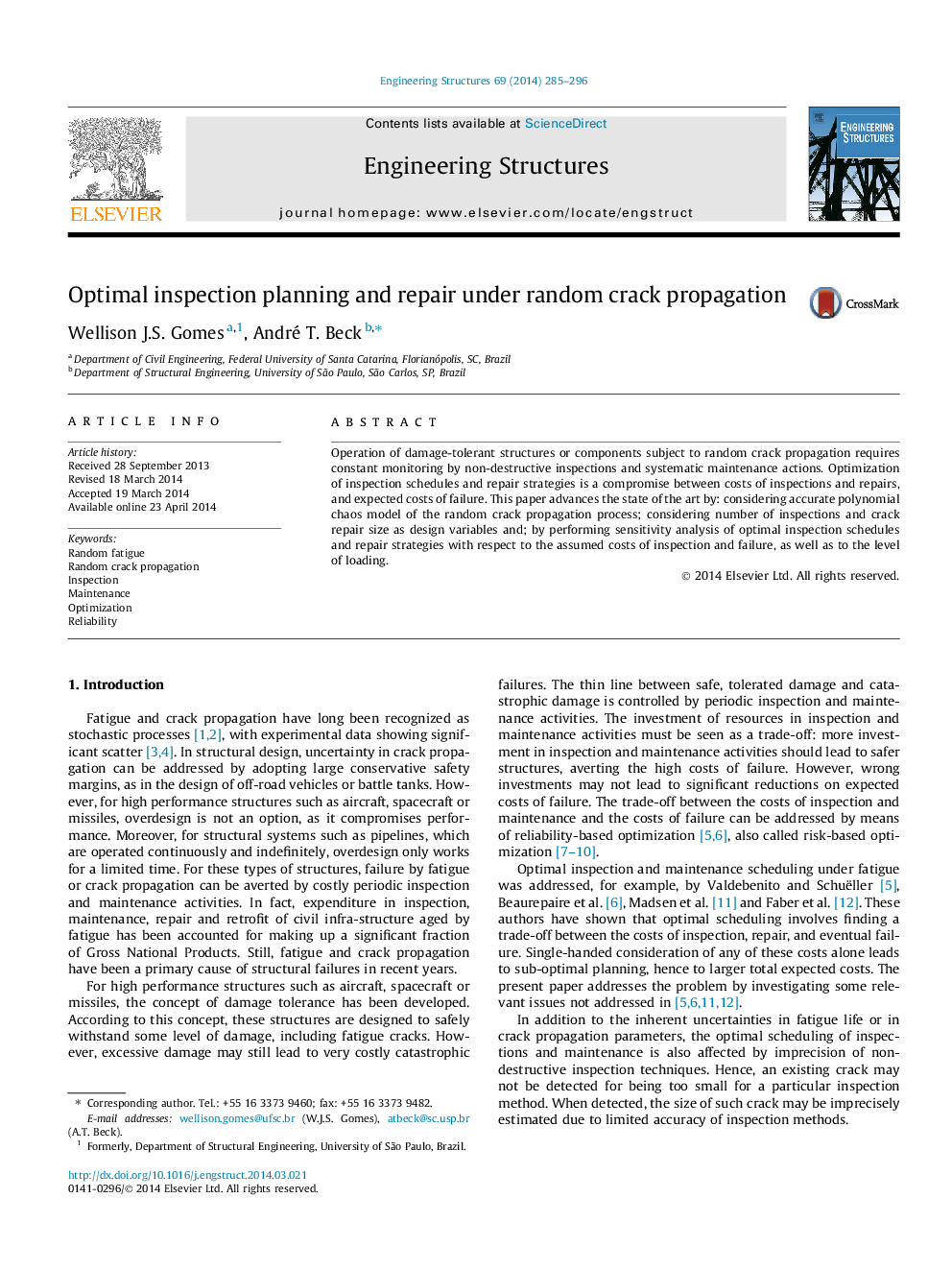 Optimal inspection planning and repair under random crack propagation