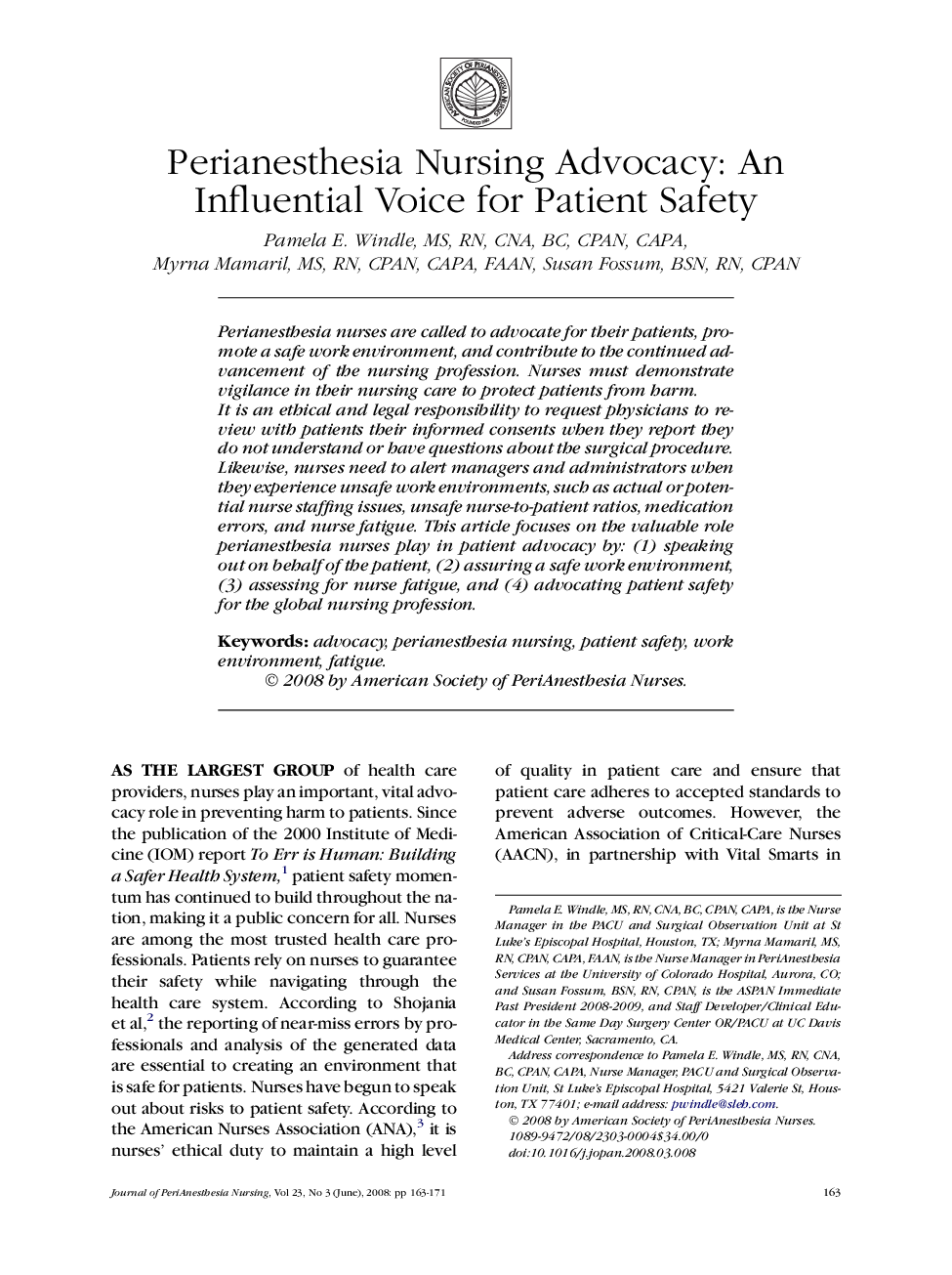 Perianesthesia Nursing Advocacy: An Influential Voice for Patient Safety