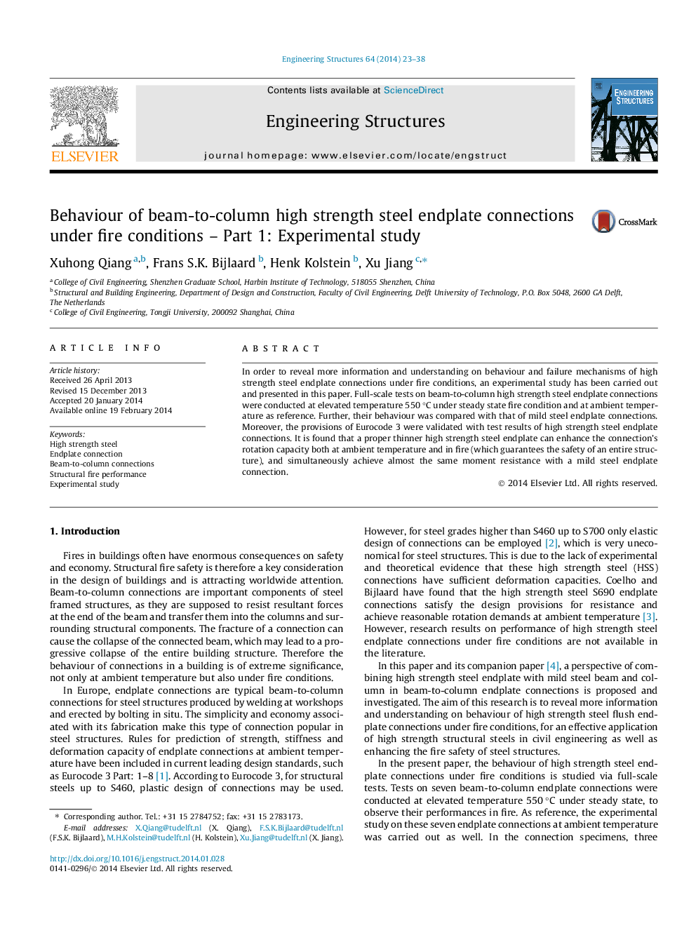 Behaviour of beam-to-column high strength steel endplate connections under fire conditions – Part 1: Experimental study