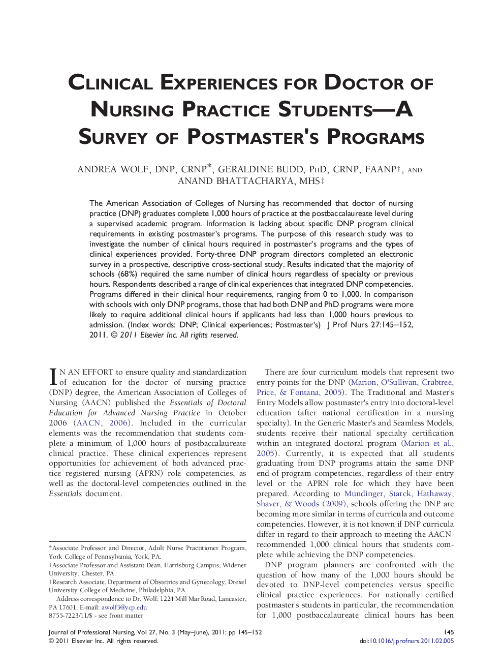 Clinical Experiences for Doctor of Nursing Practice Students—A Survey of Postmaster's Programs