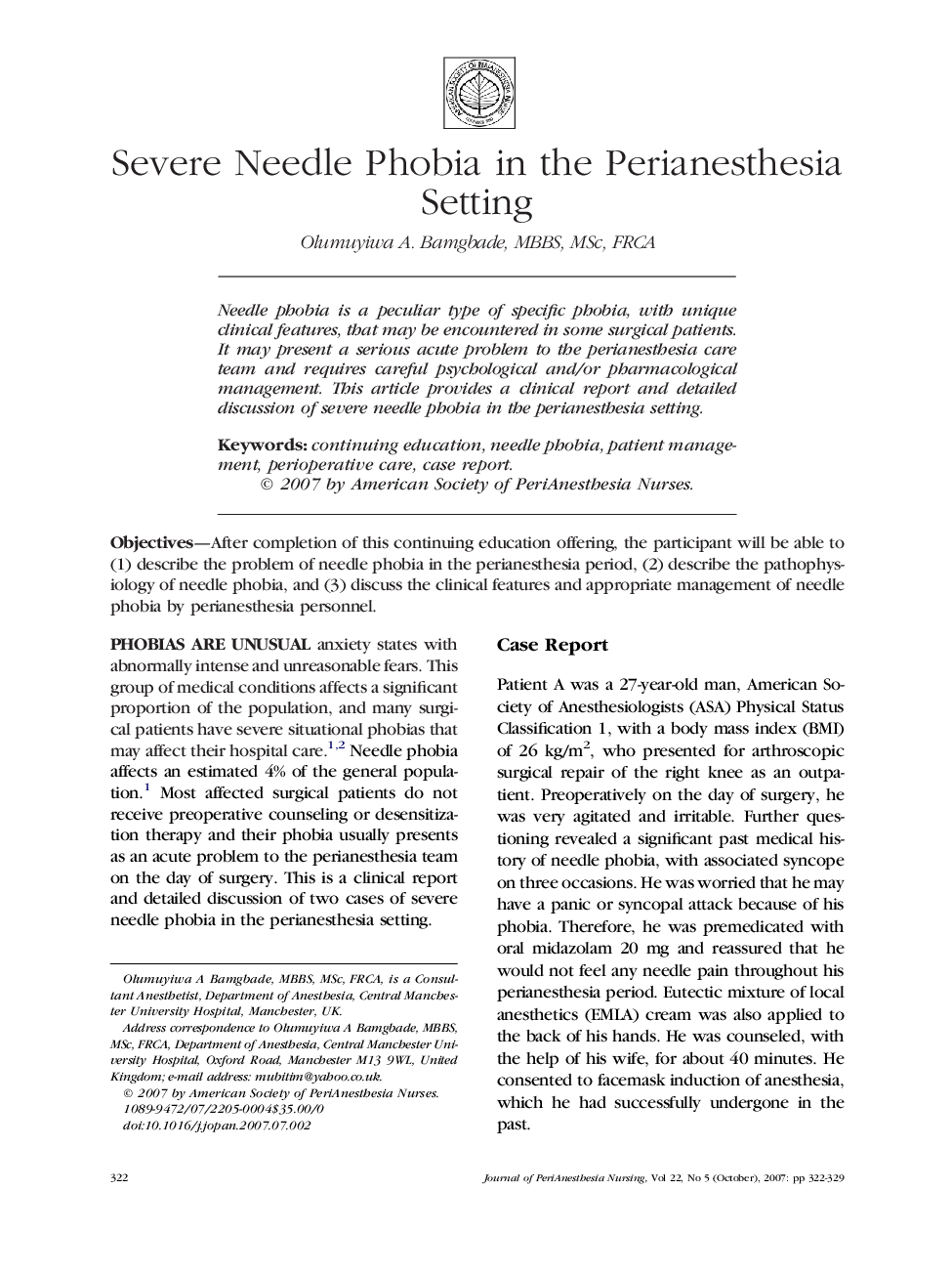 Severe Needle Phobia in the Perianesthesia Setting