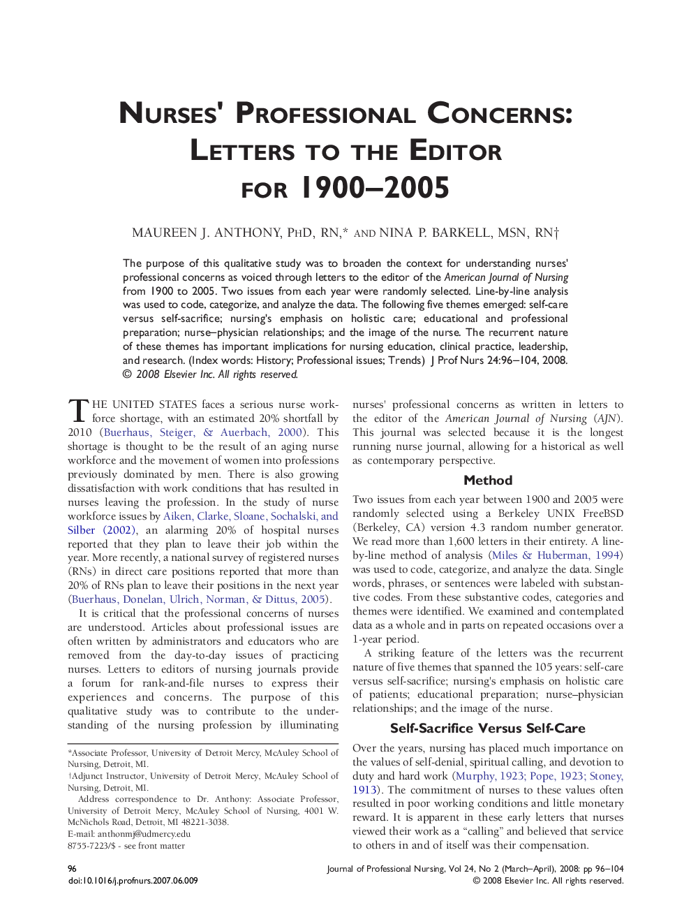 Nurses' Professional Concerns: Letters to the Editor for 1900–2005