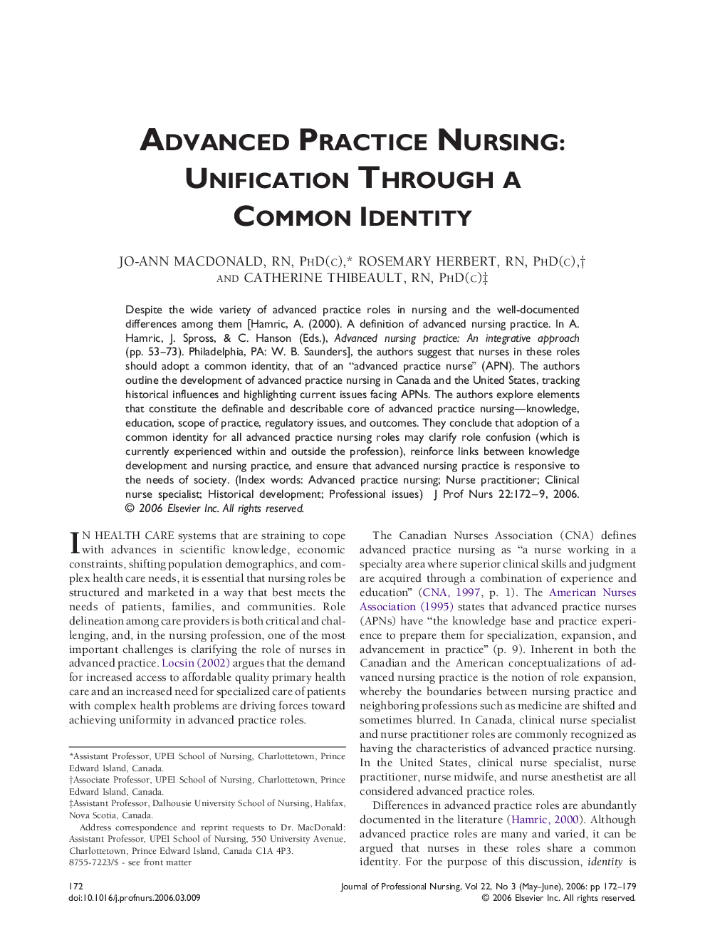 Advanced Practice Nursing: Unification Through a Common Identity