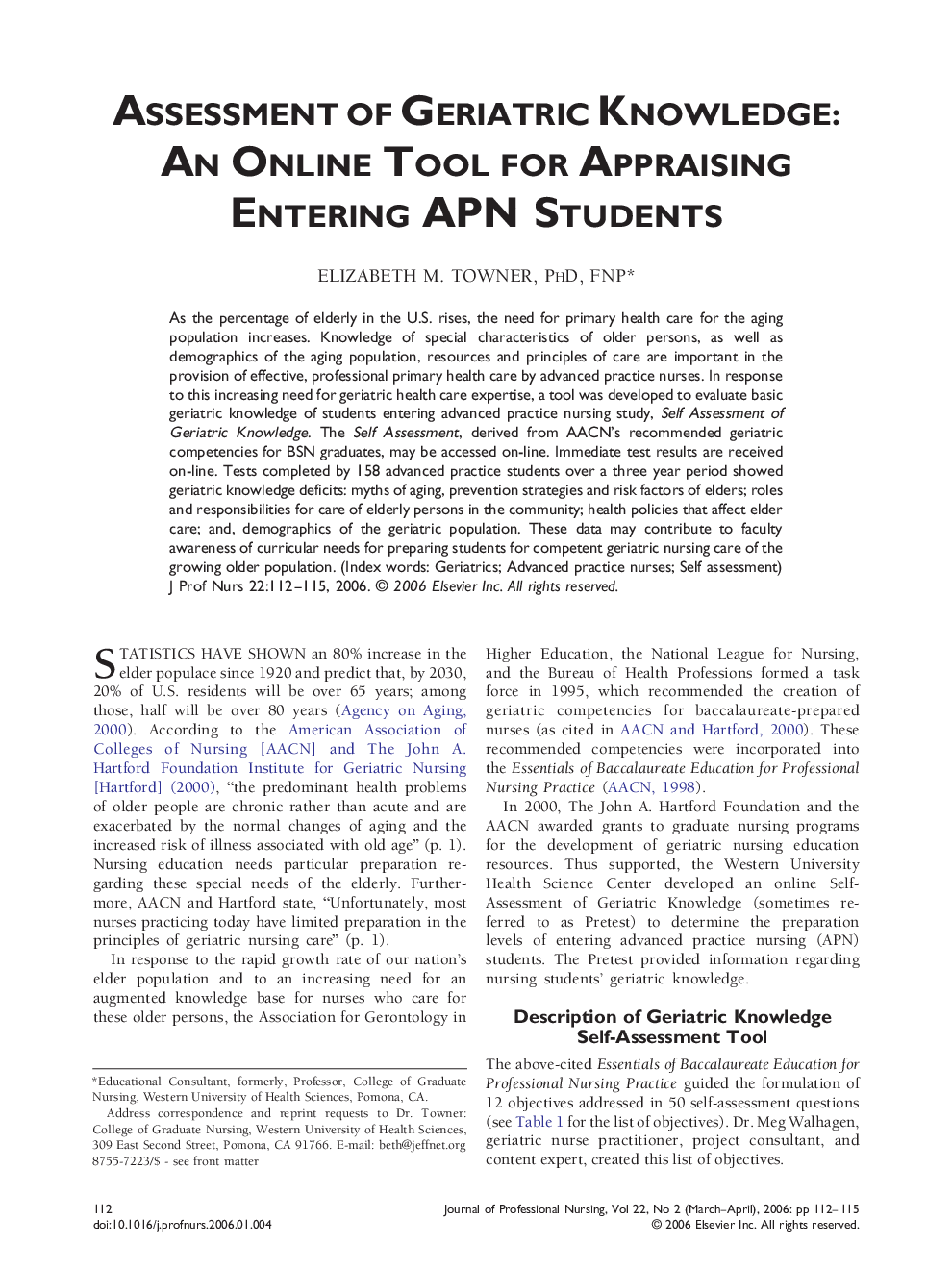 Assessment of Geriatric Knowledge: An Online Tool for Appraising Entering APN Students