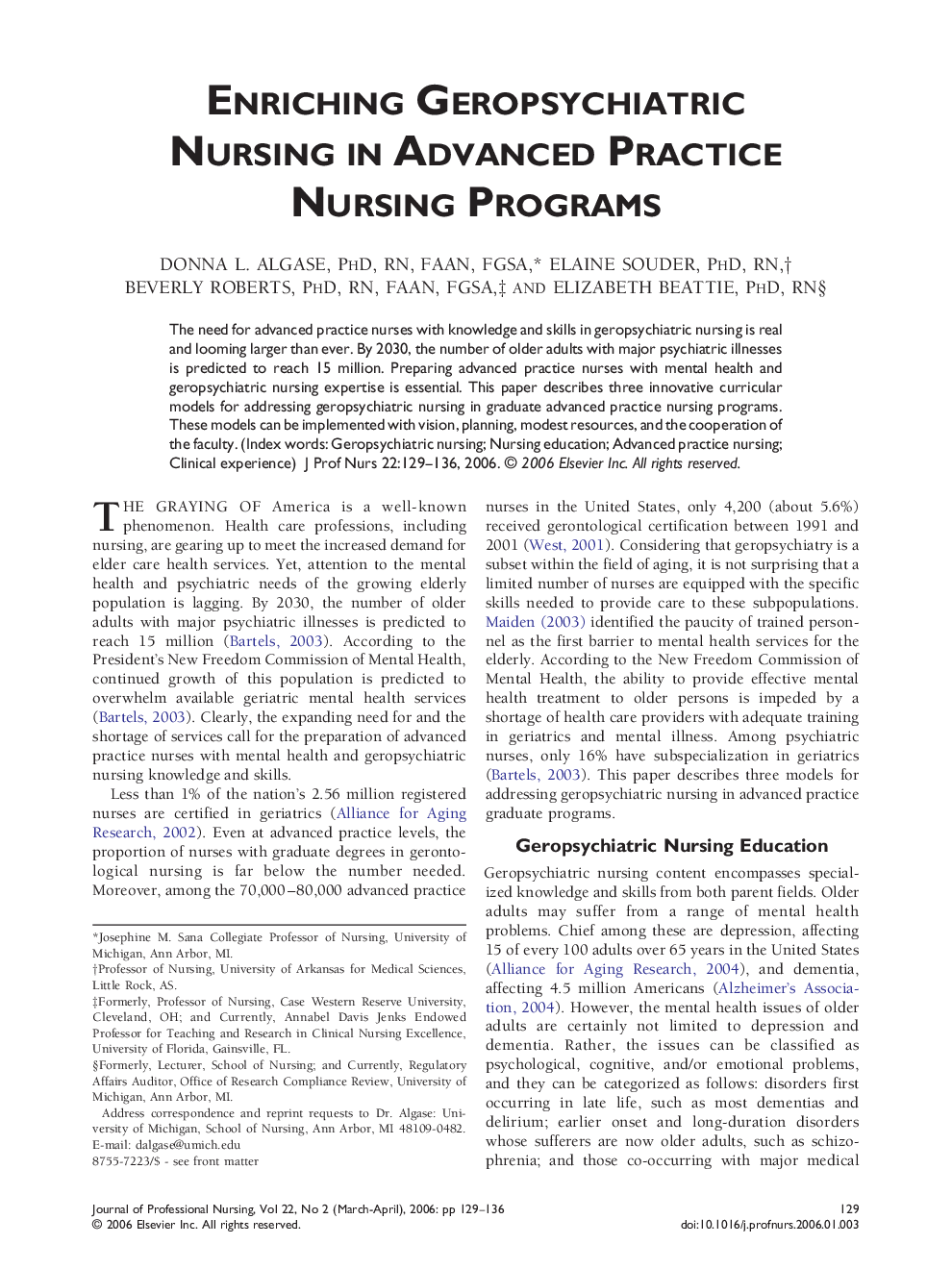 Enriching Geropsychiatric Nursing in Advanced Practice Nursing Programs