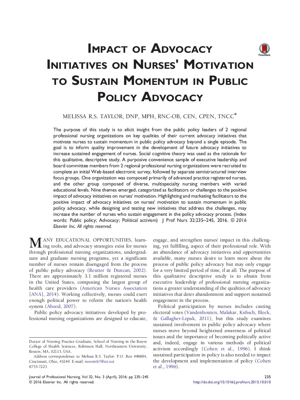 Impact of Advocacy Initiatives on Nurses' Motivation to Sustain Momentum in Public Policy Advocacy