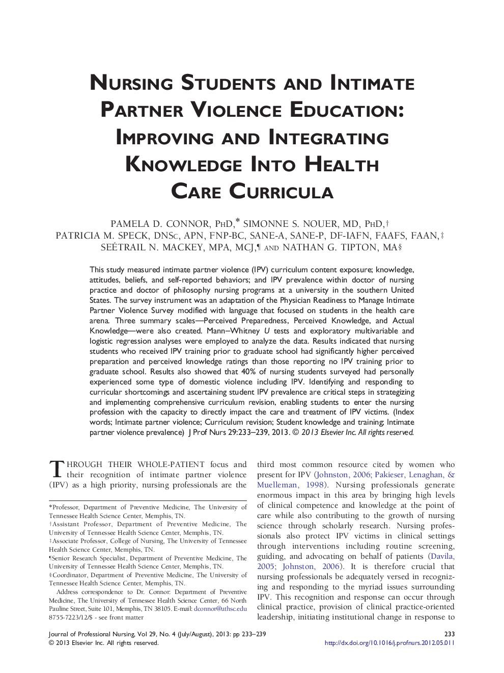 Nursing Students and Intimate Partner Violence Education: Improving and Integrating Knowledge Into Health Care Curricula