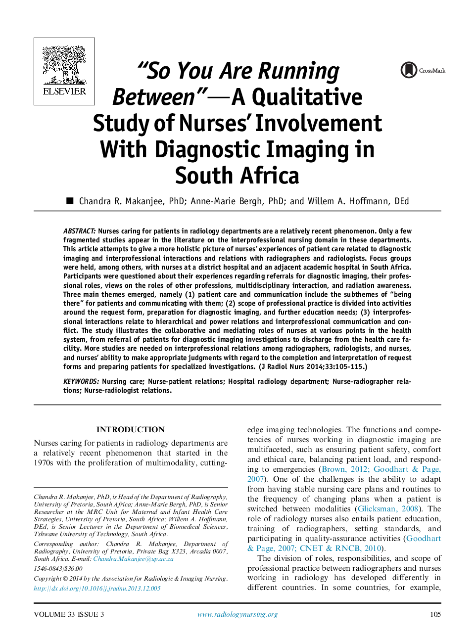 "So You Are Running Between" - مطالعه کیفی از مشارکت پرستاران با تصویربرداری تشخیصی در آفریقای جنوبی