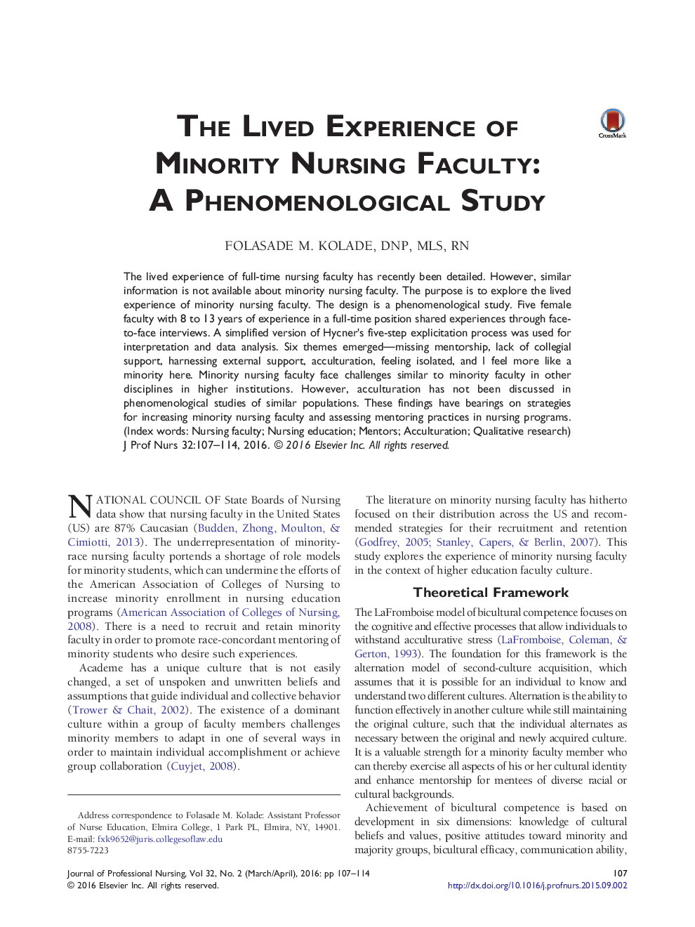 The Lived Experience of Minority Nursing Faculty: A Phenomenological Study