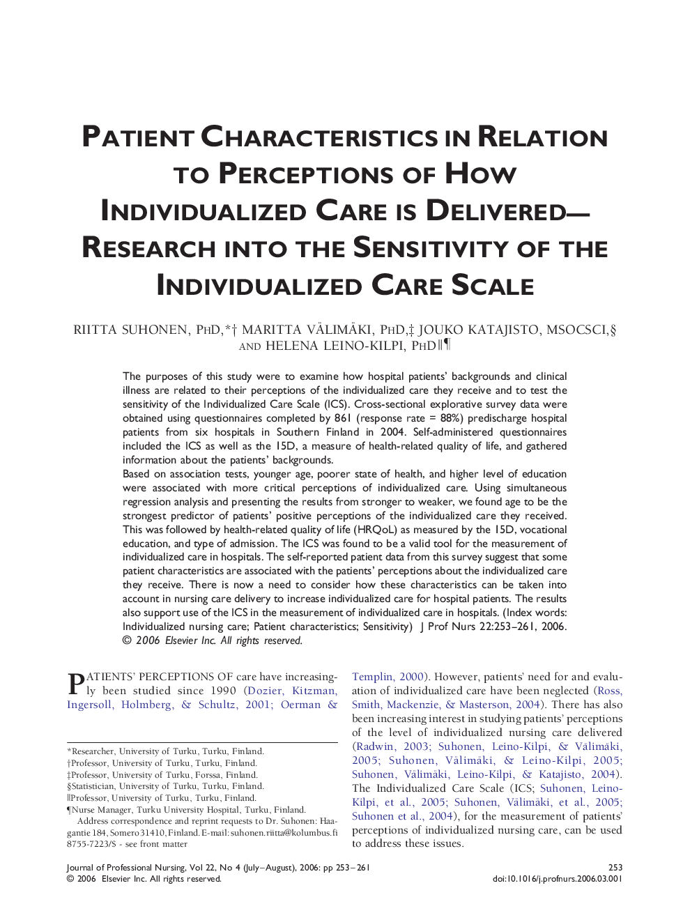 Patient Characteristics in Relation to Perceptions of How Individualized Care is Delivered—Research Into the Sensitivity of the Individualized Care Scale