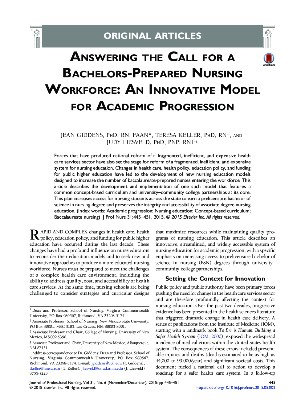 Answering the Call for a Bachelors-Prepared Nursing Workforce: An Innovative Model for Academic Progression