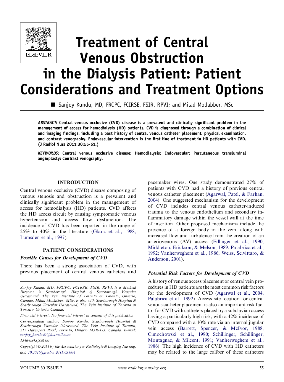 Treatment of Central Venous Obstruction in the Dialysis Patient: Patient Considerations and Treatment Options